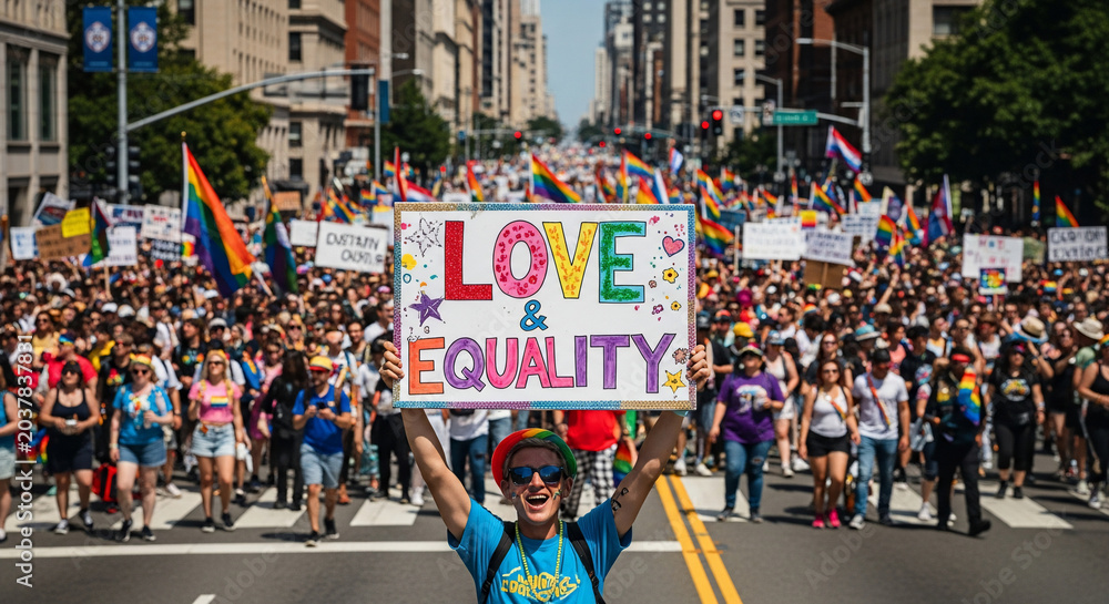 Obraz premium Person holding a Love Equality sign at a pride parade.