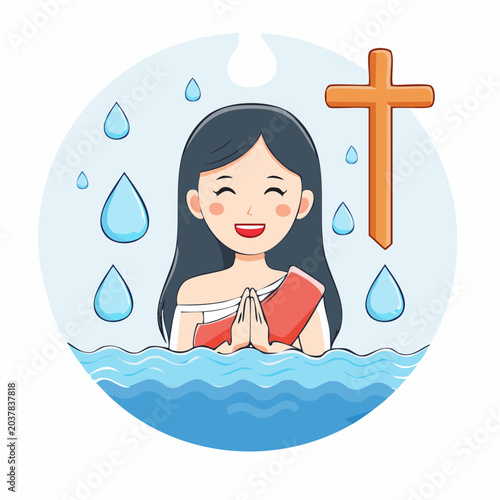 Woman Praying in Water with Christian Cross and Raindrops