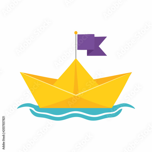 Yellow paper boat with purple flag sailing on blue waves