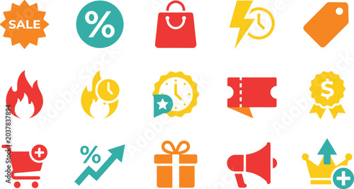 Canvastavla Colorful Retail Sale and Urgency Icon Set with Flash Timer Flame Coupon Gift Meg