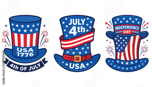 Tableau sur toile 4th of July patriotic uncle sam hat vector set | USA independence day illustrati