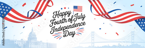 Happy Fourth of July Independence Day Celebration with American Flags and Confetti