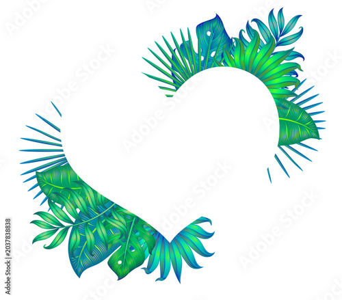 Heart-shaped tropical botanical frame with lush green leaves, isolated on a transparent PNG background. Decorative floral design element with copy space, perfect for wedding, Valentine's Day.