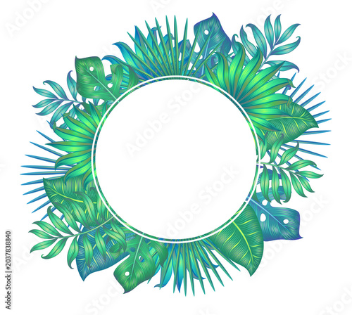 Tropical botanical frame with lush green leaves surrounding a circular border, isolated on a transparent PNG background. Decorative floral design element.