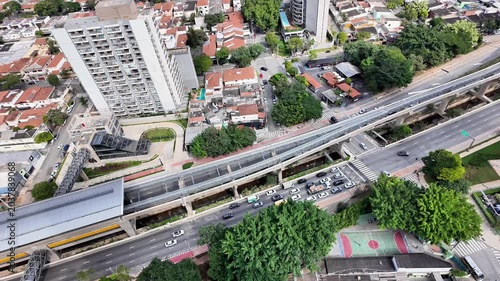Aerial View of Elevated Transit Line and Avenue Traffic in São Paulo