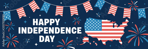 Happy Independence Day Celebration with American Flag Map and Fireworks