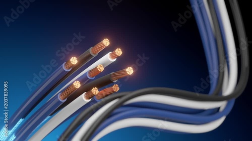 Close-up 3D render of stripped copper wire cables with glowing ends and transparent insulation on blue background. Electric power connection concept for technology, engineering, and energy industry