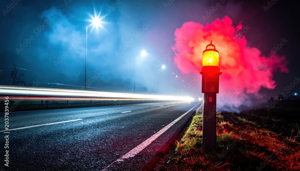 Obraz premium Bright red traffic flare illuminates the dark roadside at night, creating dense smoke and a vivid warning signal.