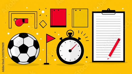 Soccer infographic icon set including ball, whistle, red card, yellow card, stopwatch and goal frame, sports statistics and analysis illustration, with copy space