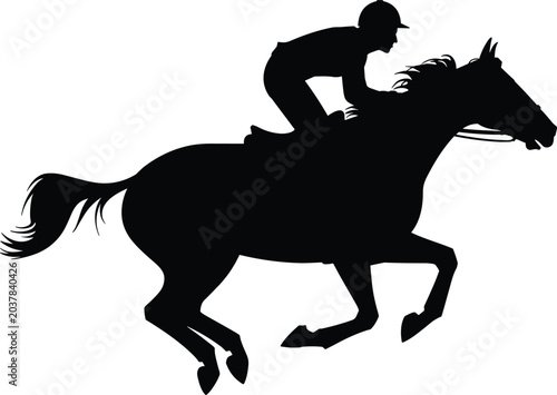 A professional minimalist black vector silhouette of a jockey riding a galloping racehorse isolated in image_d919af.png