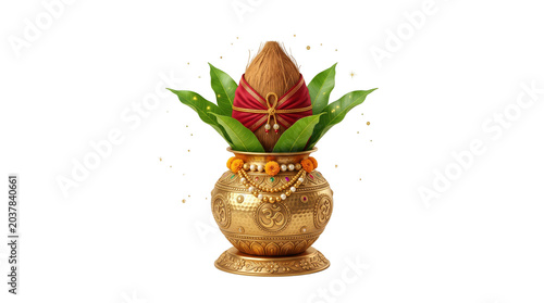 Kalash with coconut and mango leaves for hindu religious ritual isolated on transparent background