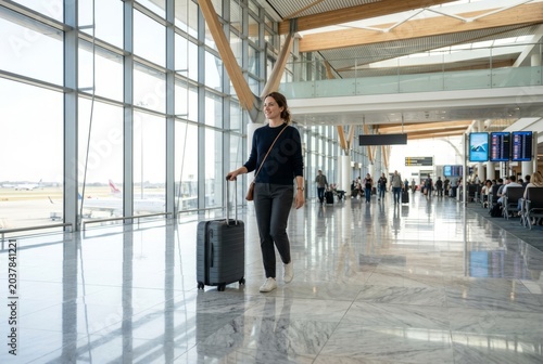 Traveler walking through modern airport terminal with rolling suitcase