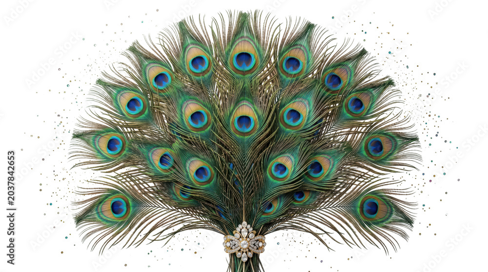 Obraz premium Peacock feather fan with a decorative crystal brooch handle isolated on transparent background