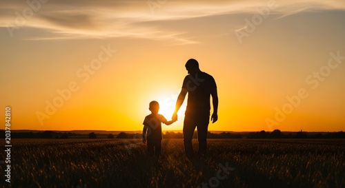 Father day silhouette dad and son walking in golden field at sunset