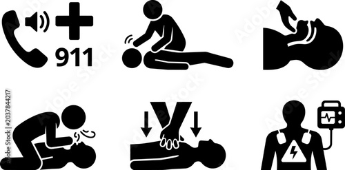First Aid and CPR Emergency Icons Set. Vector