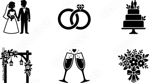 Wedding Ceremony and Marriage Icons Set. Vector