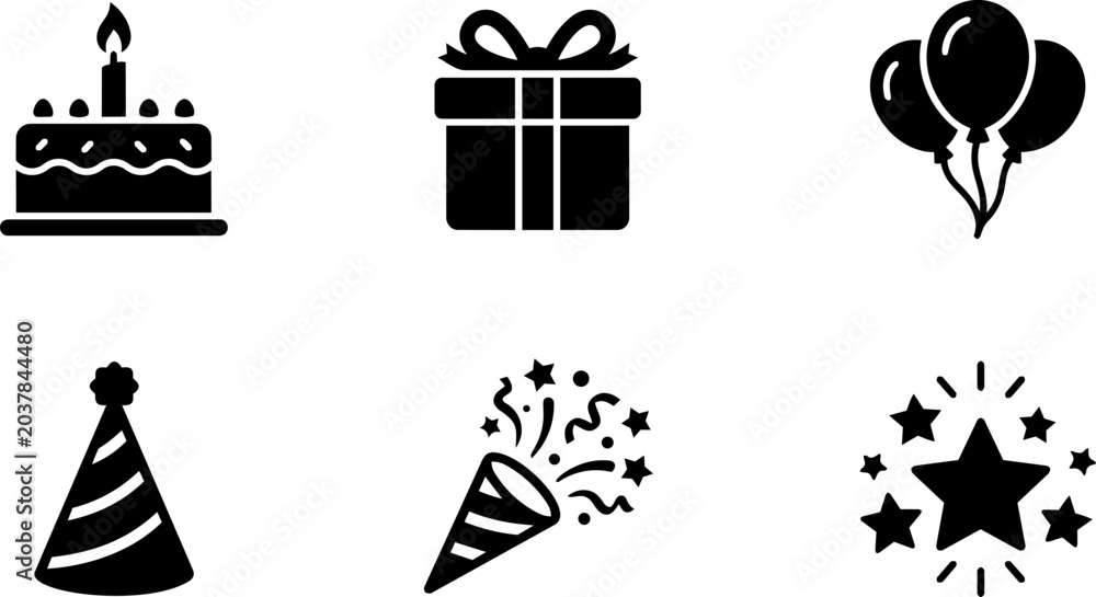 Naklejka premium Birthday and celebration silhouette icons. Vector