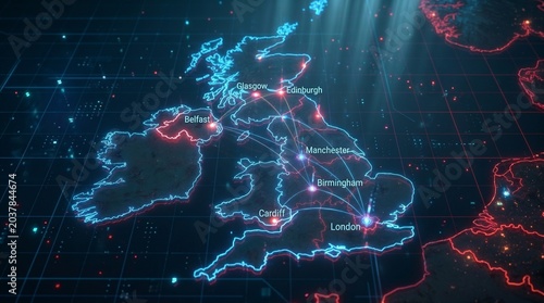United Kingdom map displays a glowing digital network of interconnected cities and data nodes over a dark grid background.