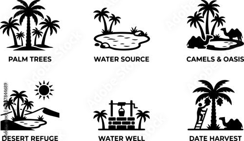 Desert landscape and oasis travel icons. Vector