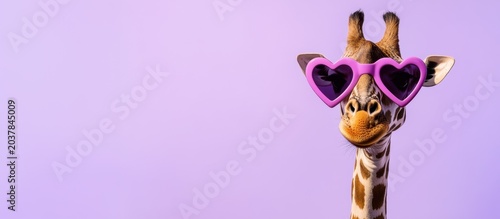 A giraffe wearing heart-shaped pink sunglasses against a purple background. The giraffe has a distinctive pattern of brown and cream spots.