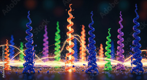 Multiple colorful glowing DNA double helix structures in blue orange green and purple with golden energy trails on a dark background, genetic science and biotechnology concept horizontal
