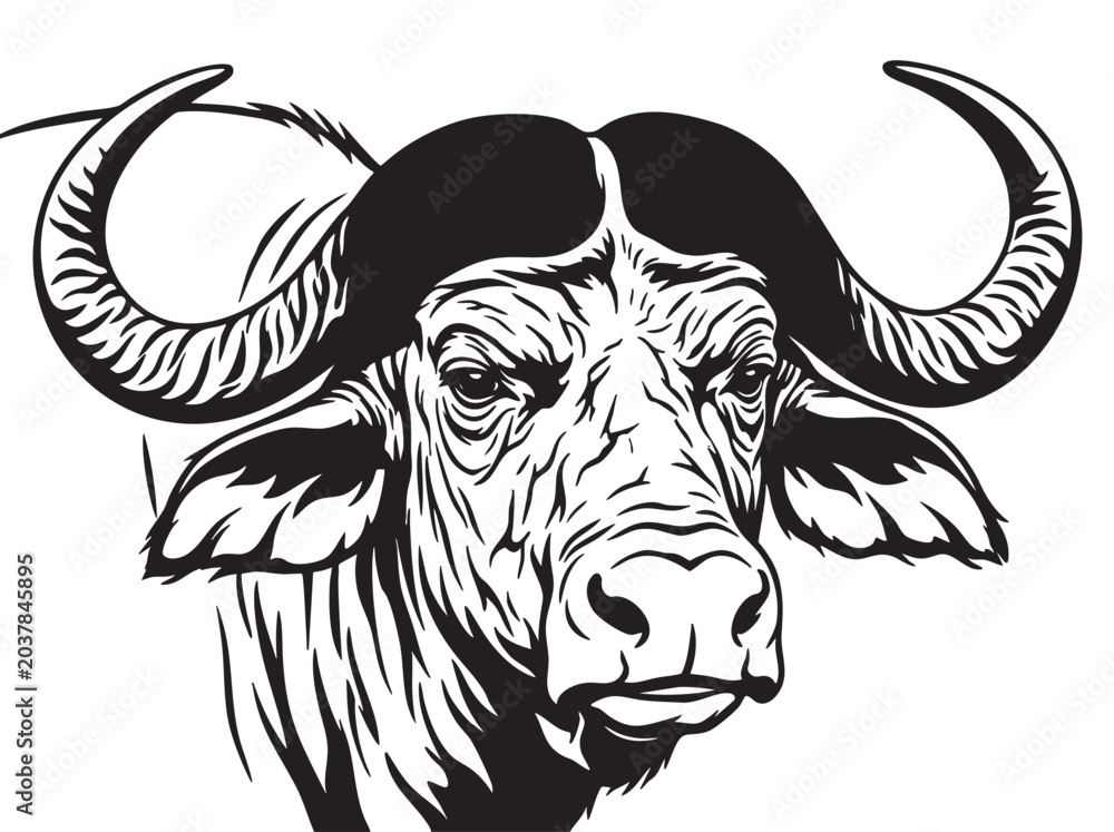 Fototapeta premium Black and white bull head, buffalo illustration, animal portrait, vector graphic