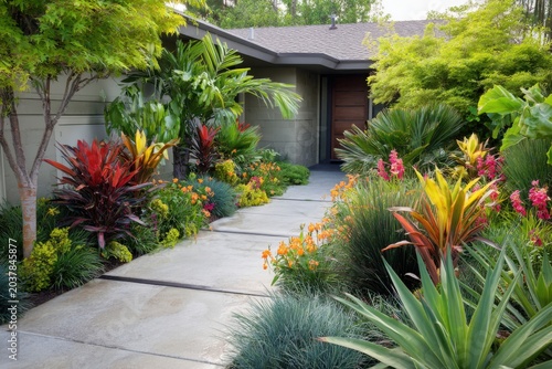 Beautiful garden pathway with plants and flowers leading to the entrance of a house during daylight in a suburban neighborhood