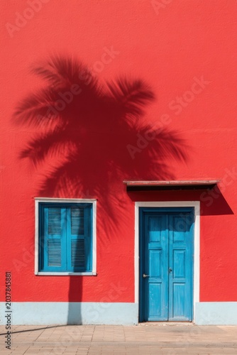 A vibrant bright red wall features a striking blue door and window, with the shadow of a palm tree gracefully dancing across it under the midday sun in a beautiful tropical location