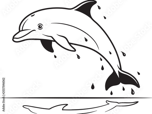 Foto Dolphin jumping, black and white vector, aquatic mammal, illustration