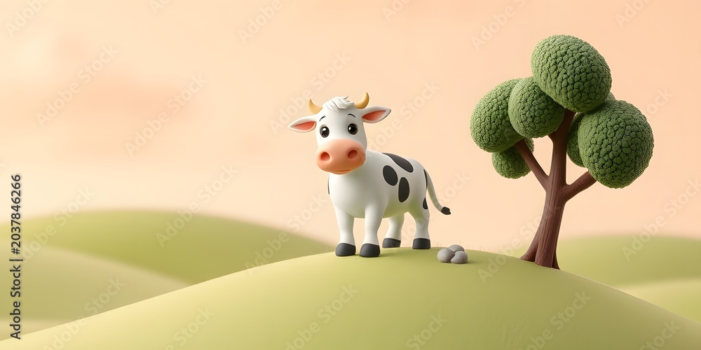 Fototapeta premium Plasticine clay style illustration of a cute cow standing on a grassy hill near a tree, handcrafted stop-motion look with soft, smooth clay textures.