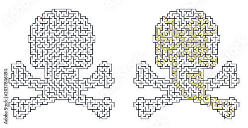 Maze for kids activity shaped like a skull and crossbones  
