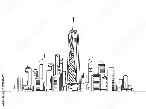 Continuous single line drawing of New York City skyline with One World Trade Center.