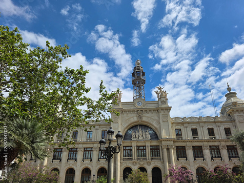 Historic Post Office (Palau de les Comunicacions) in Valencia timelapse at City Hall Square (Plaza del Ayuntamiento)