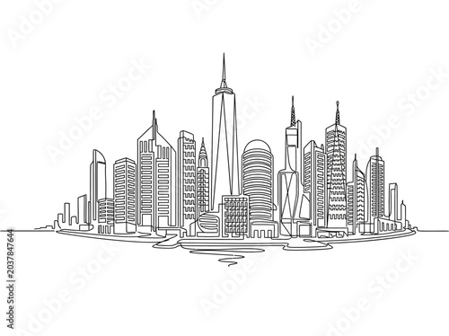 Continuous single line drawing of New York City skyline with One World Trade Center.