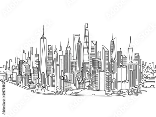 Detailed hand drawn outline sketch of the New York City skyline.