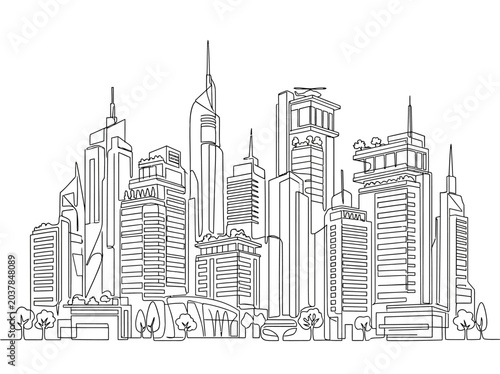 Continuous line art illustration of a modern metropolitan city skyline.