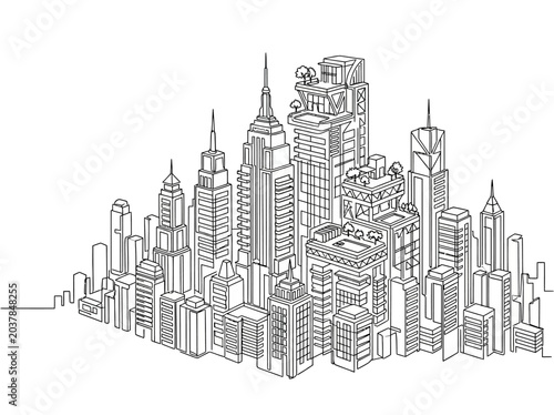 Hand drawn outline illustration of a modern cityscape with skyscrapers.
