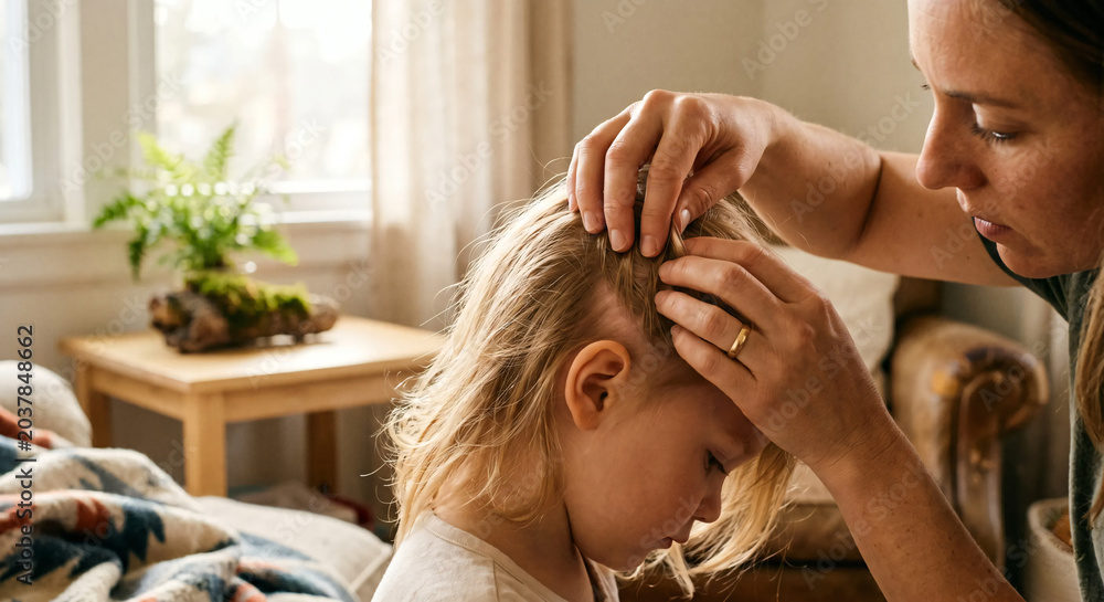 Fototapeta premium Mother Checking Daughter's Hair and Scalp for Lice or Ticks at Home, Care and Prevention Concept