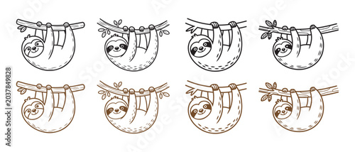 Quadro su tela Set of cute hand drawn sloth characters hanging on tree branches in a minimalist doodle art style