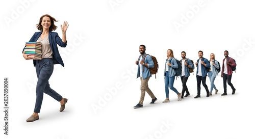 Teacher leading diverse group of students carrying backpacks white background