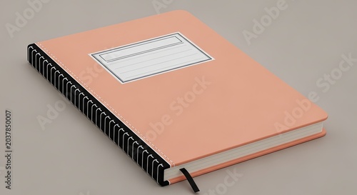 Pink spiral bound notebook with white label on grey background.