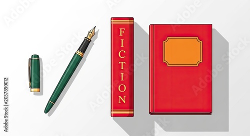 Top view fountain pen and red fiction books
