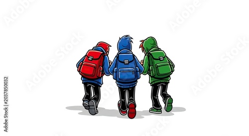 Rear view of three students walking together with backpacks.