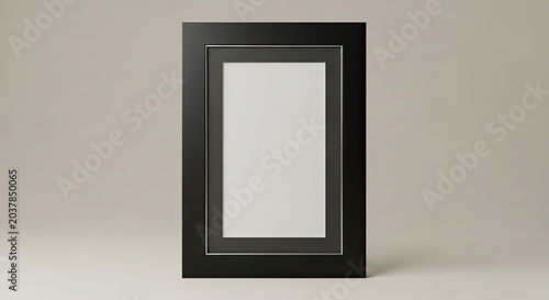 Black vertical picture frame standing on neutral floor.