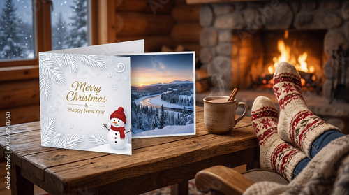 White folded christmas greeting card featuring a cute snowman illustration sitting on a rustic wooden table near a warm fireplace
