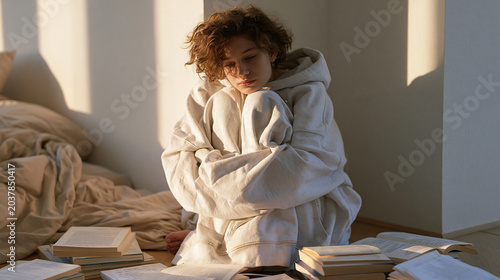 Teenage girl wrapped in oversized hoodie curls into corner of cluttered bedroom floor surrounded by unopened textbooks, afternoon shadows crossing walls, youth crisis overwhelm back-to-school anxiet