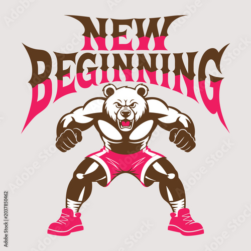 Angry muscular bear character with text new beginning, aggressive animal power.