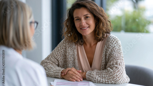 Pharmacogenomics results disclosure pharmacist reading variant summary to anxious middle-aged woman sitting across consultation desk, printed report with highlighted gene panel sections between them