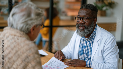 Medication reconciliation pharmacist and discharge nurse reviewing transition of care medication list beside patient at hospital bedside, printed patient education sheet on tray table, family member