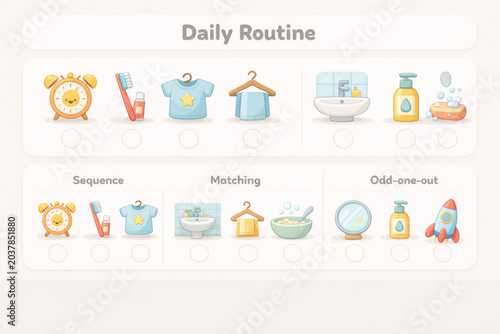 Daily routine educational worksheet for kids with cute illustrations